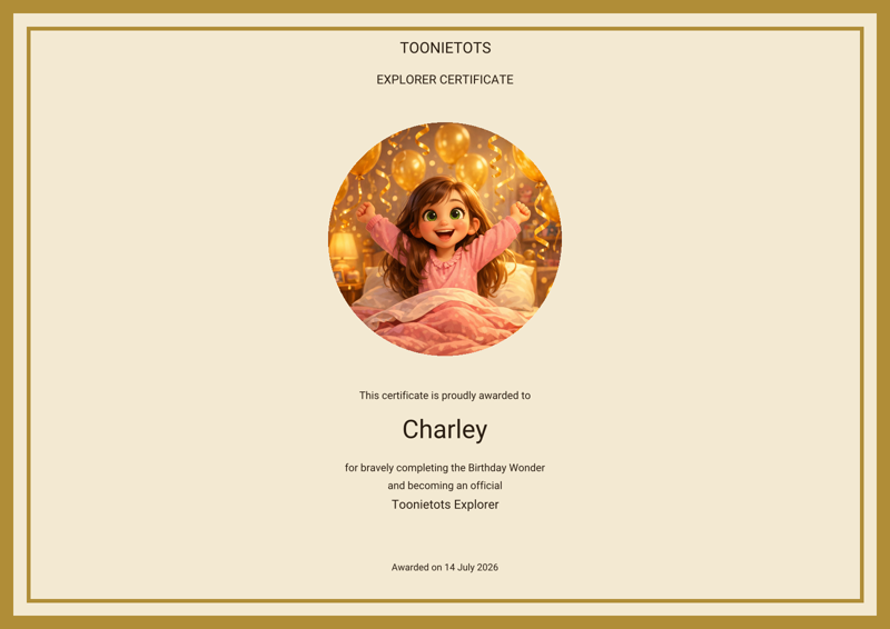 Sample personalised Explorer Certificate from a Toonietots Adventure Pack
